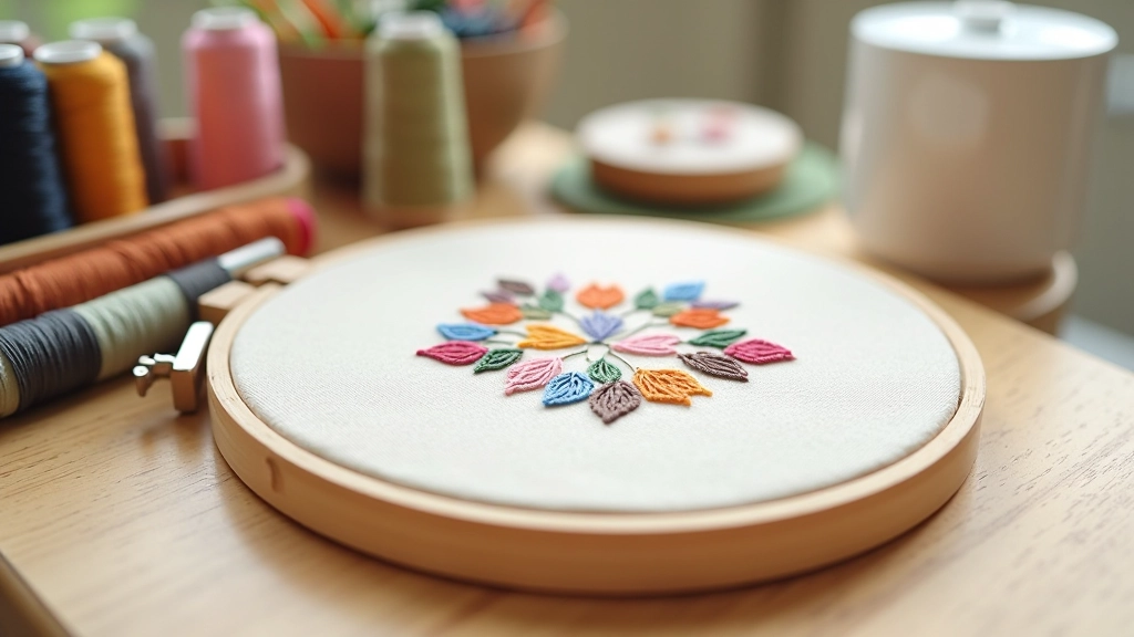 Cross-stitch workshop materials and finished samples