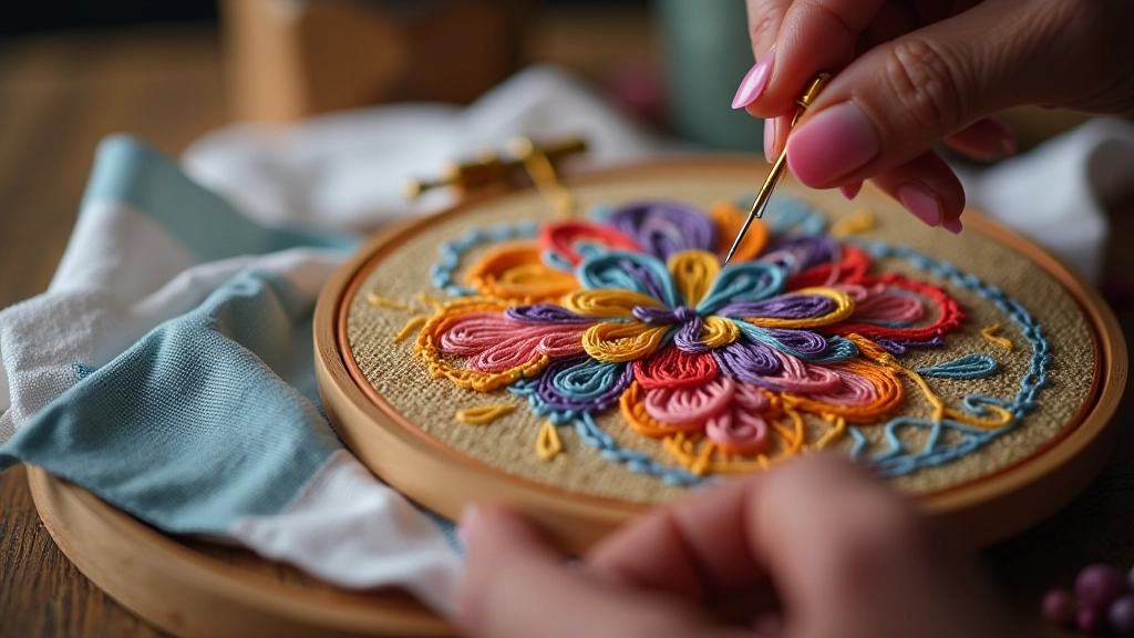 Close-up of embroidery hoop with colorful thread and needle on fabric