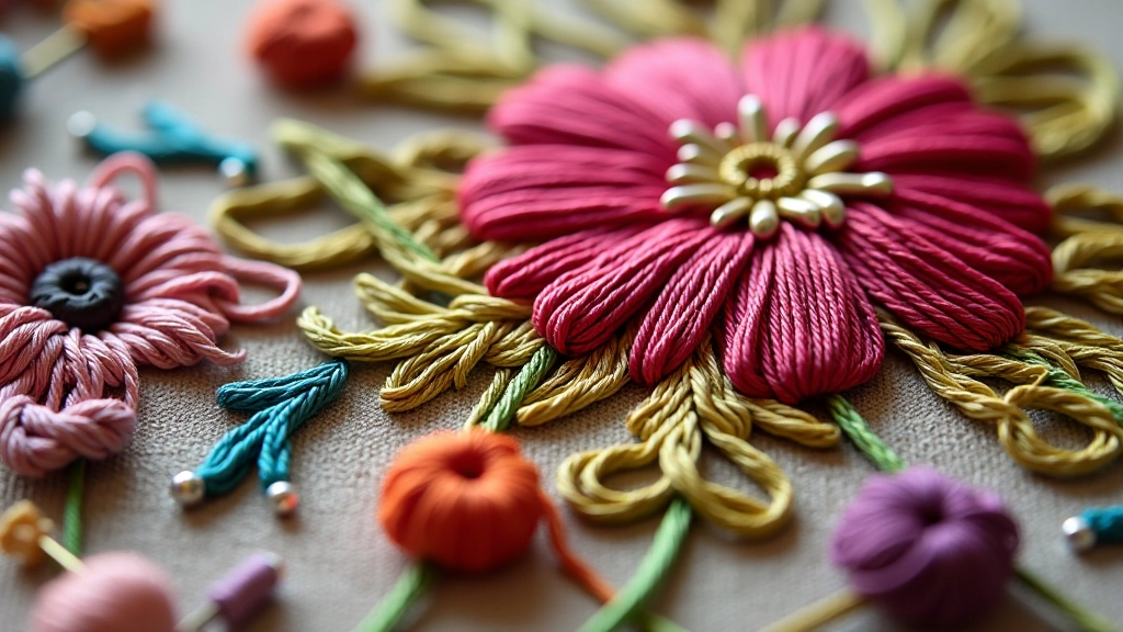 Close-up of various embroidery thread textures and stitching techniques on fabric