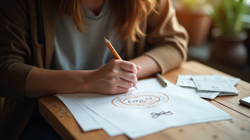 Artist sketching embroidery design patterns on paper with pencil and ruler
