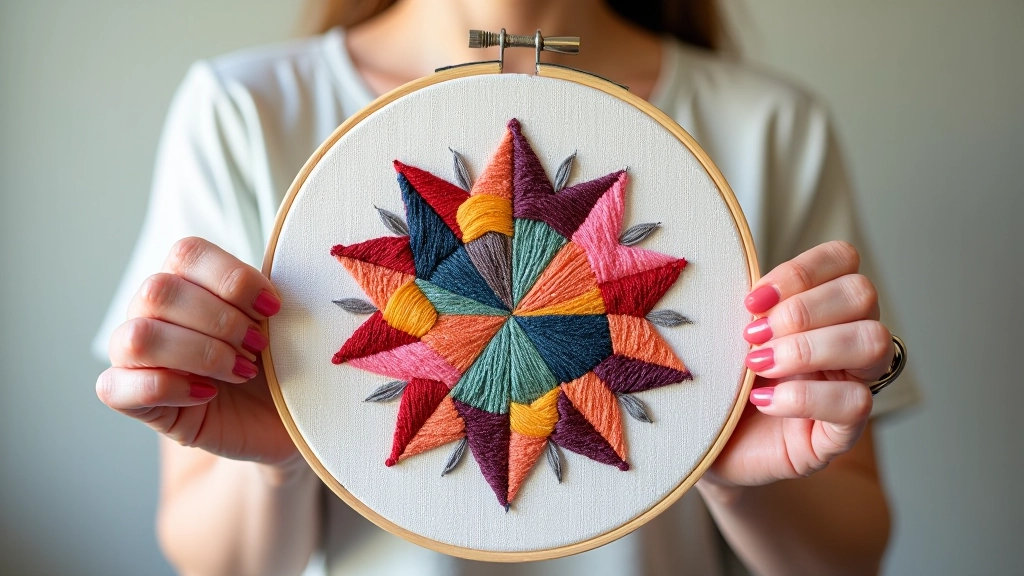 Modern geometric embroidery design in progress on hoop