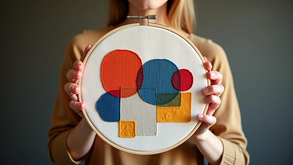 Modern geometric embroidery design with bold colour blocking on linen fabric