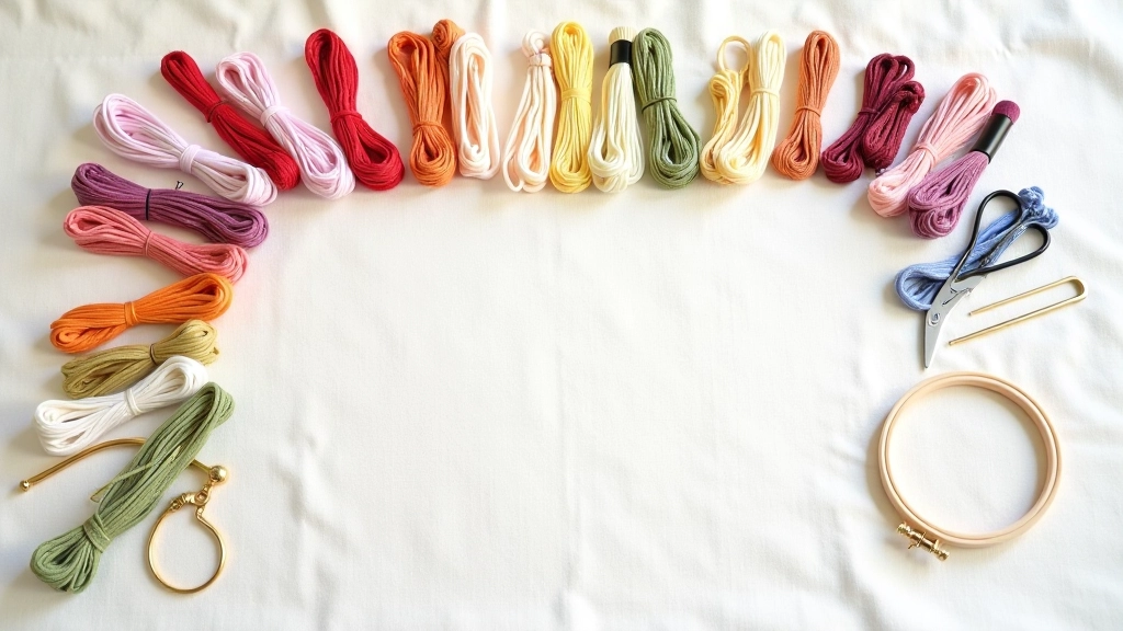 Collection of embroidery tools arranged on linen fabric background