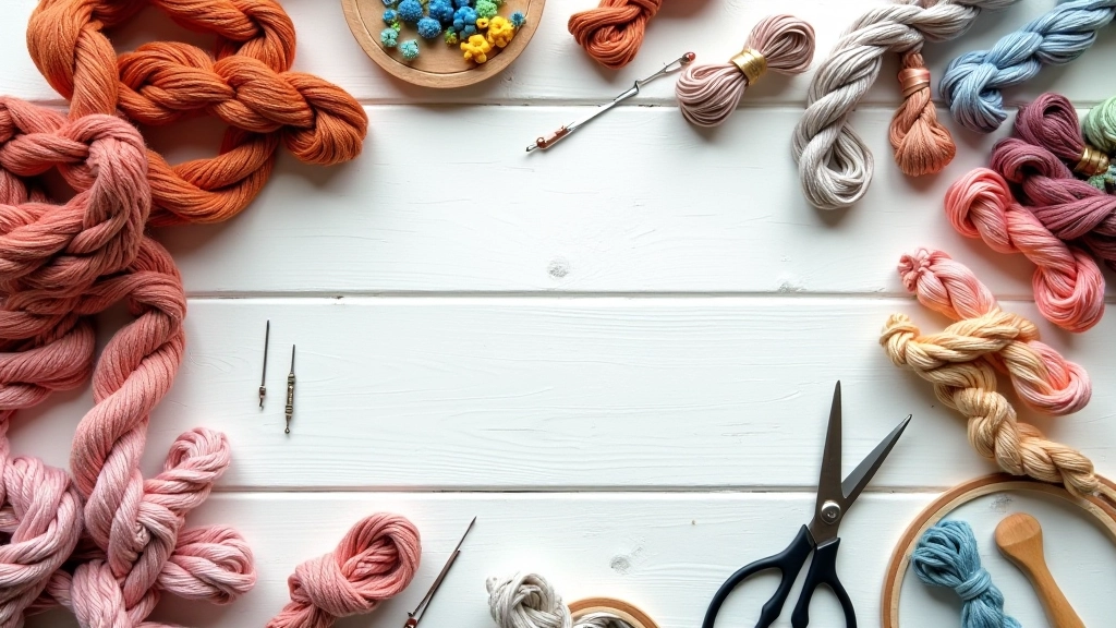 Beginner cross-stitch supplies neatly organized on white wooden surface