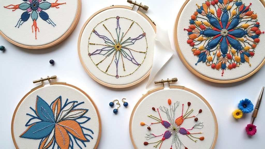 Modern embroidery design samples with mixed materials