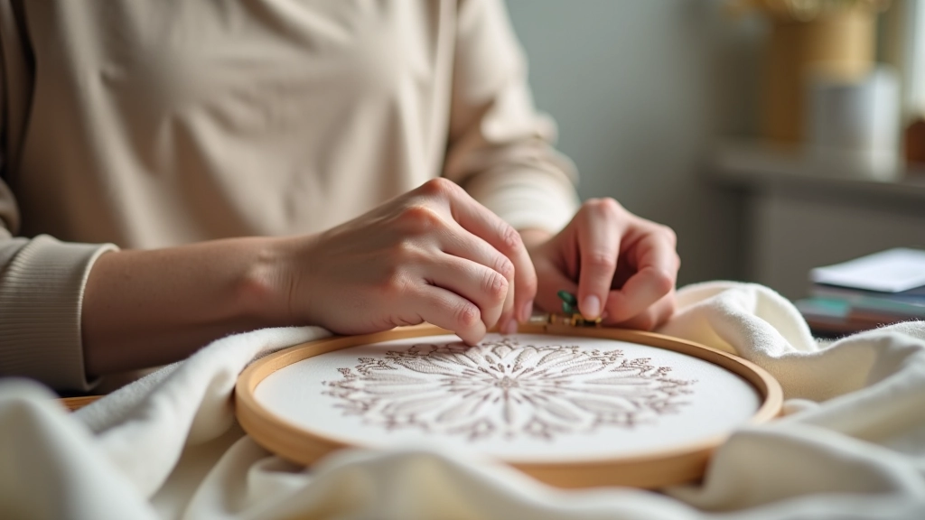 Hands demonstrating proper embroidery technique with needle and floss