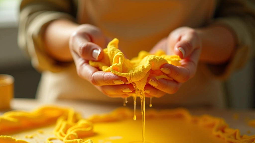 Hands holding freshly dyed fabric in warm yellow tones, dripping water, showing the color intensity of natural dye