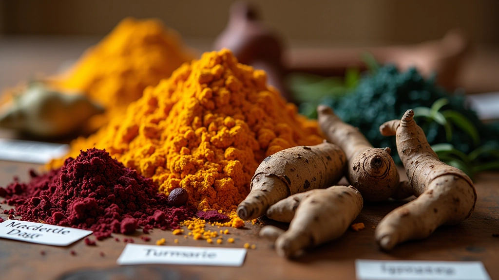 Close-up of natural dye materials including turmeric powder, madder root, and fresh plant materials arranged on a wooden surface