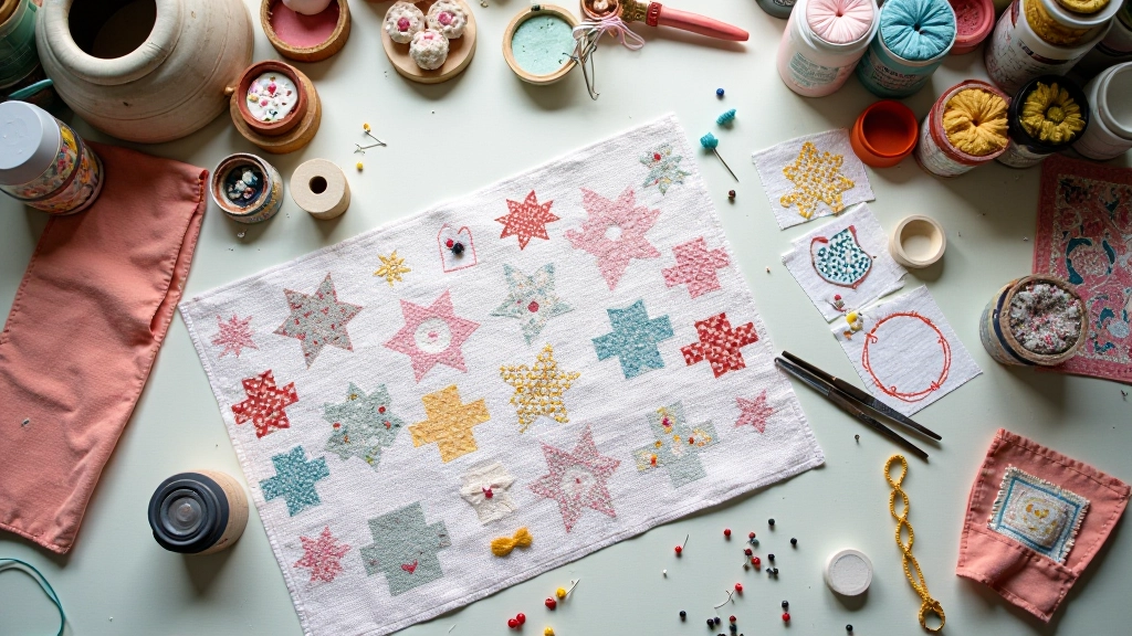 Patchwork quilt in progress showing various fabric pieces pinned together