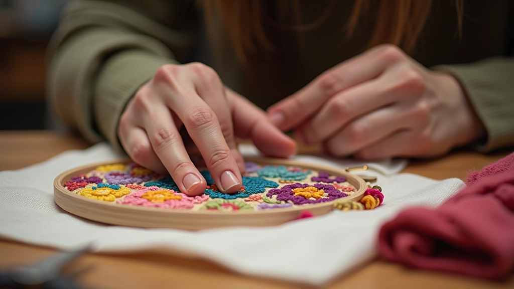 Hands demonstrating cross-stitch embroidery on fabric with thread