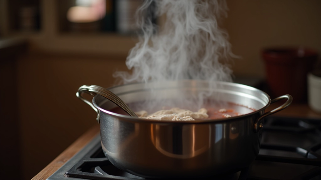 Large stainless steel pot with simmering dye bath, fabric visible inside, steam rising, on a stovetop