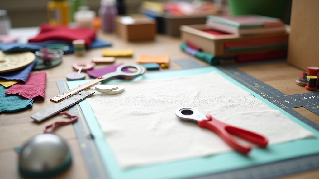 Organized quilting workspace with fabric, ruler, and cutting tools